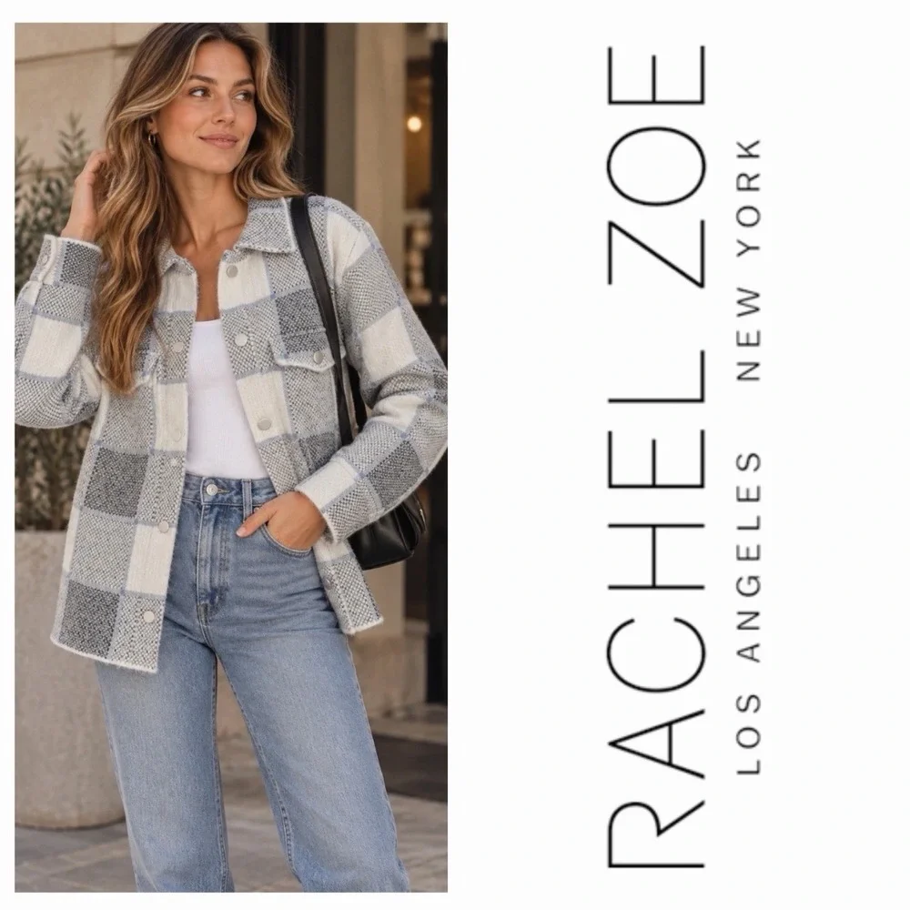 Rachel Zoe Blue Plaid Knit Shacket Sz M Snap Front Jacket Coastal Layering Cozy